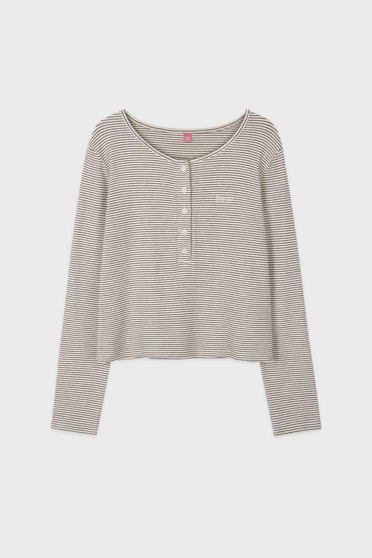 SN Henley Neck Stripe Long Sleeve T-shirt (Ivory)