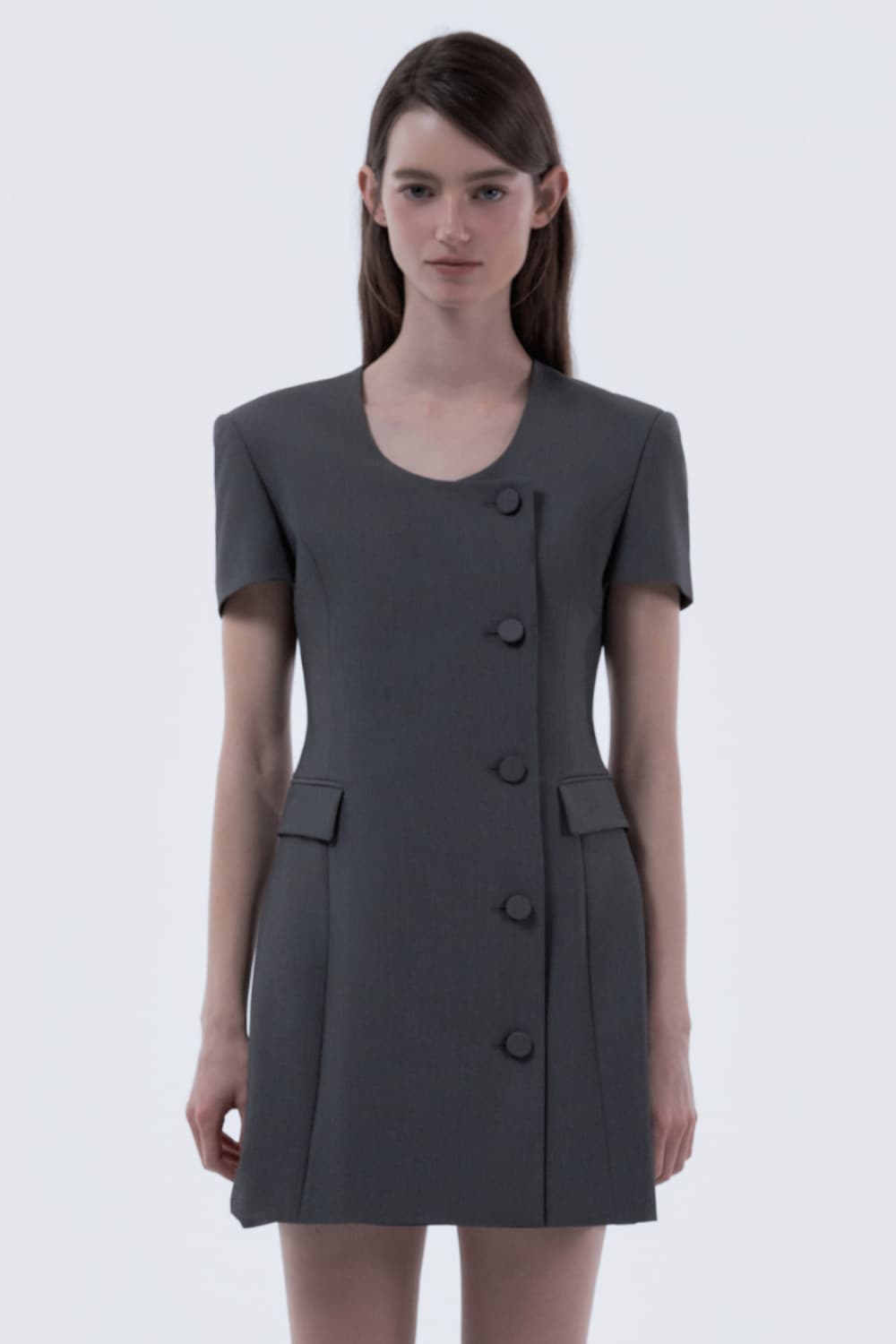 Jenn Round Neck Half-Sleeve Suit Jacket Dress - Grey