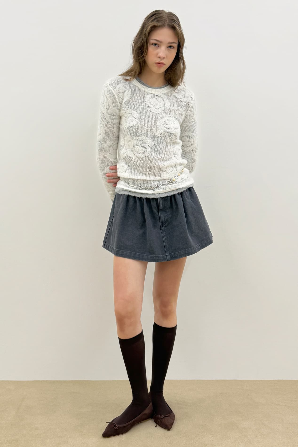 Shirred Twill Mini Skirt (Grey)