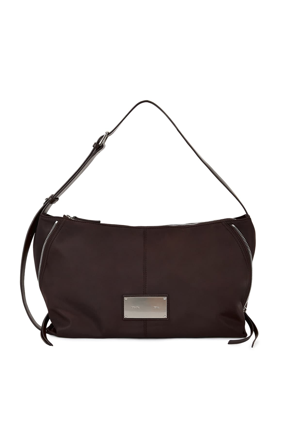 SIDE ZIPPER FABRIC SHOULDER BAG IN BROWN