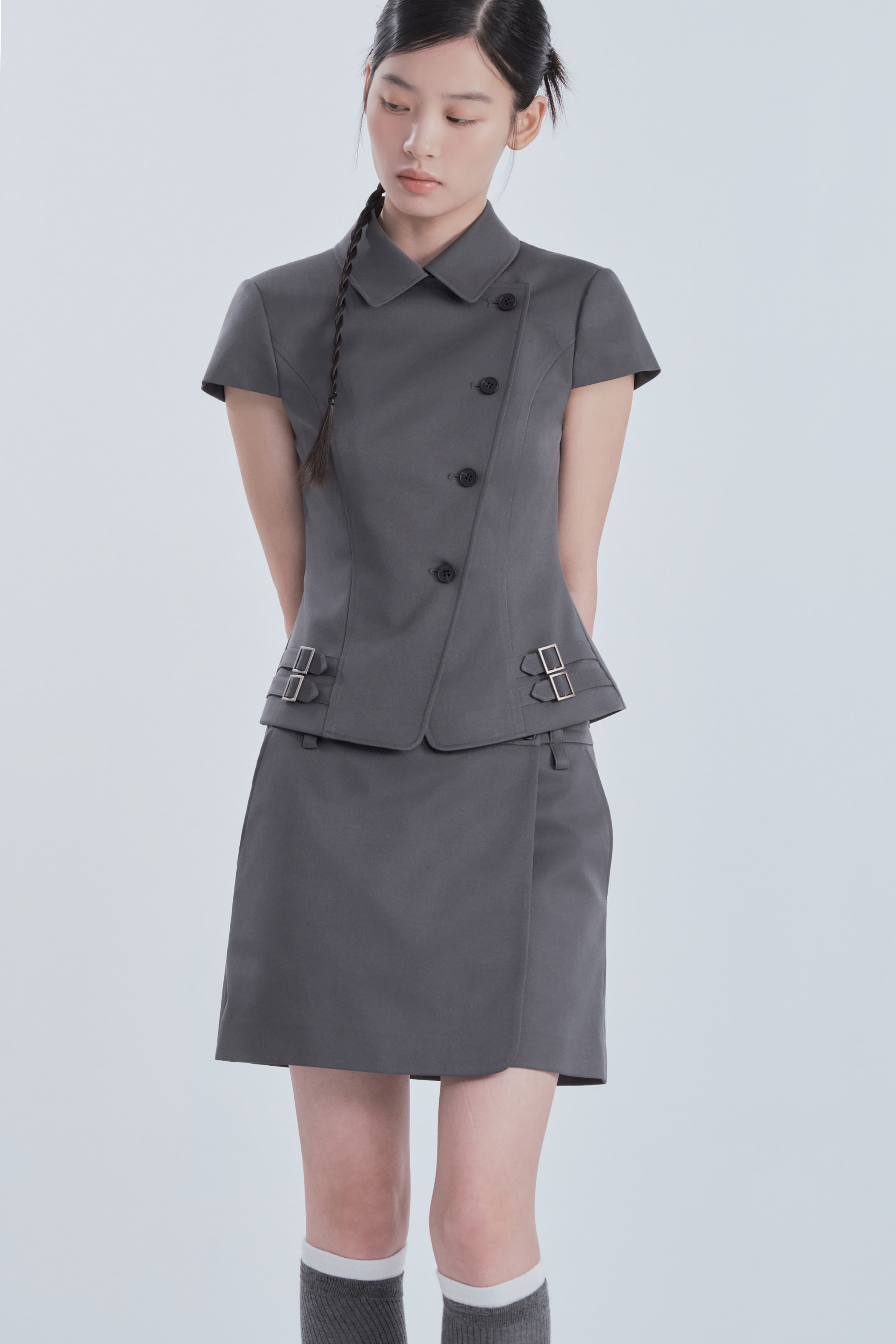 Bella Double Button Wrap Skirt - Grey