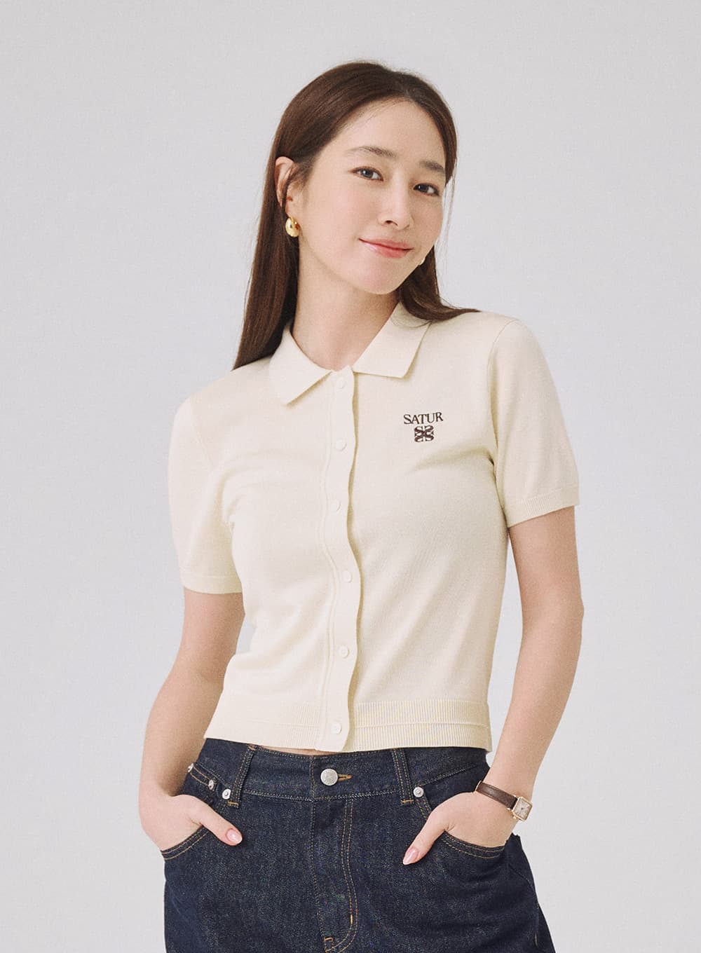 (W) Collar Half Knit Cardigan - Light Yellow