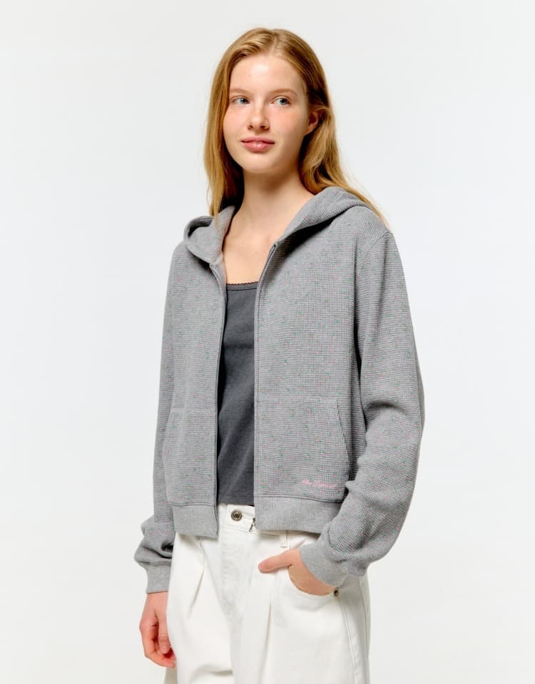 flower pattern hood zip up - melange grey