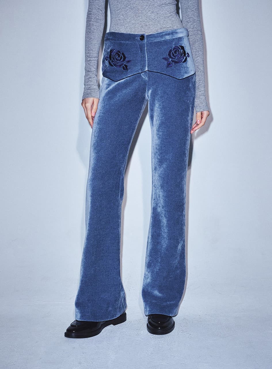 VELVET FLARE PANTS ROSE_BLUE NAVY