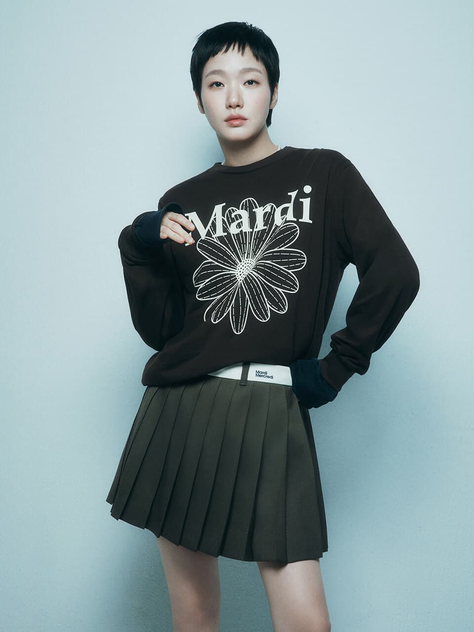 WOOL PLEATED MINI SKIRT CONTRAST WAISTBAND_BROWN