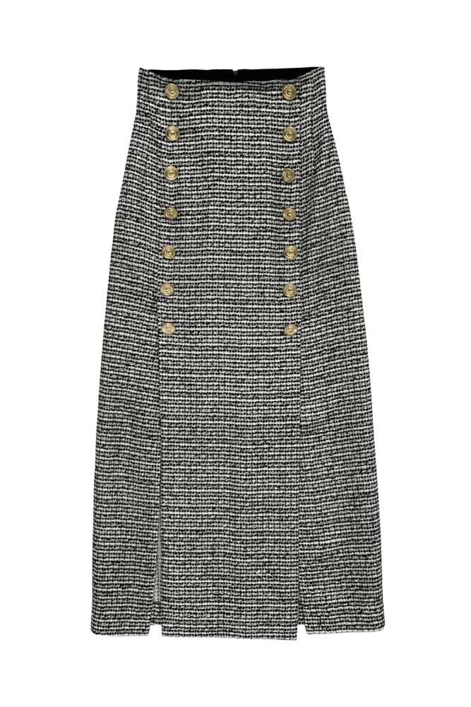 Gold Button Tweed Midi Skirt (Check)