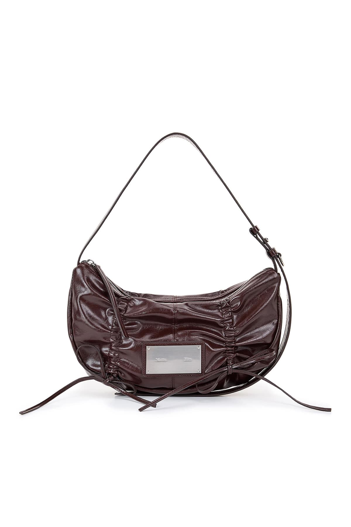 HALF SHIRRING RIBBON ROUND BAG IN DARK BROWN