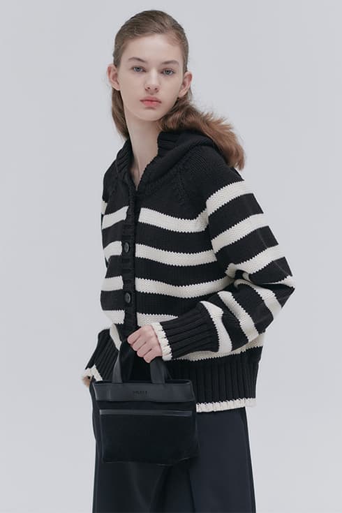 23FN cable hoody stripe cardigan [BK/ST]