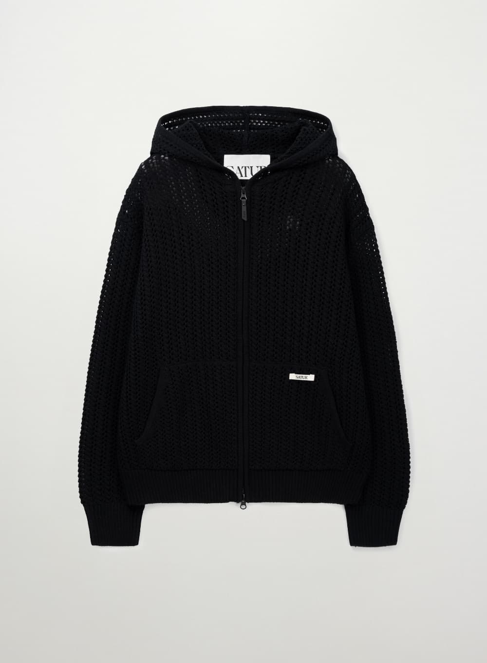 Crochet Knit Hood Zip-up - Black