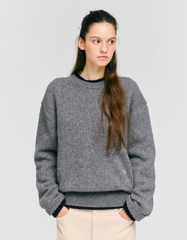 wool blended round pullover - grey