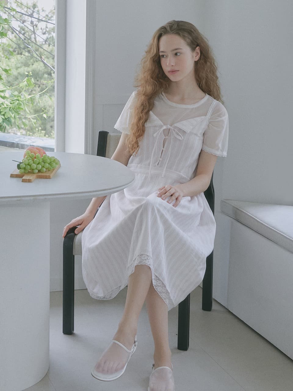 LACE STRIPE LONG ONE-PIECE (LIGHT PINK)