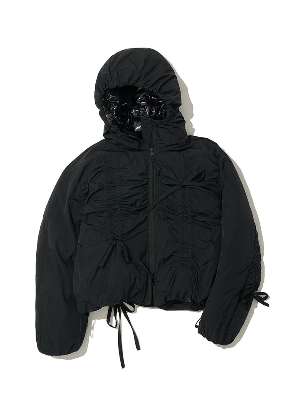 REVERSIBLE SHIRRING HOODED PUFFER JACKET_BLACK