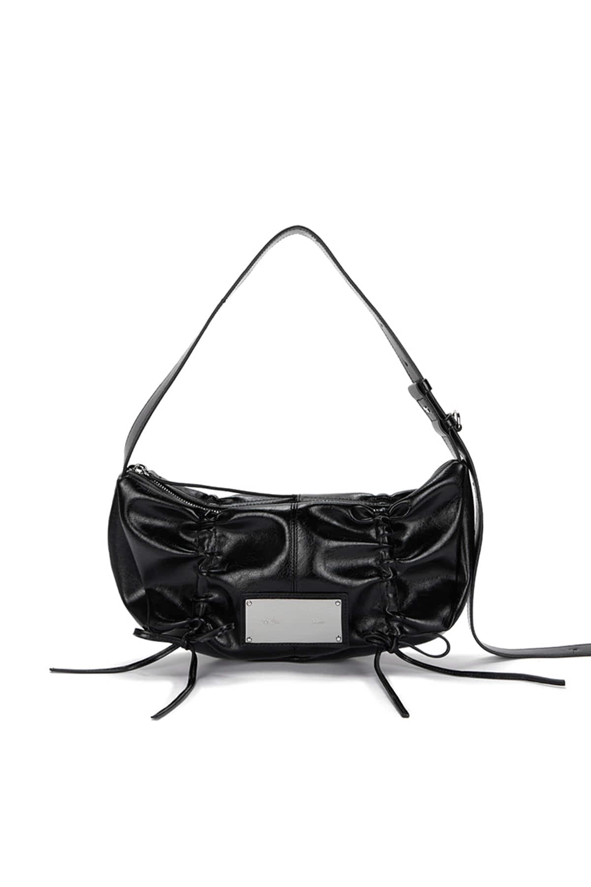 HALF SHIRRING RIBBON ROUND BAG IN BLACK