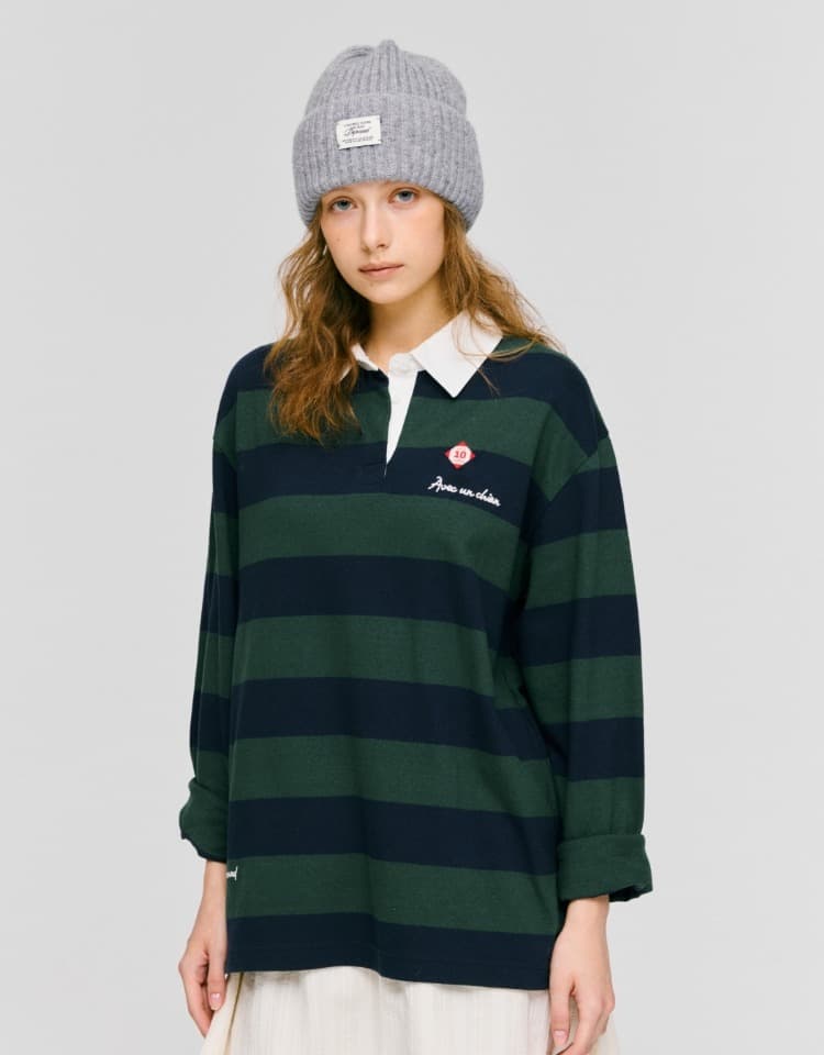 (10th) bold stripe rugby t-shirt - dark green+navy