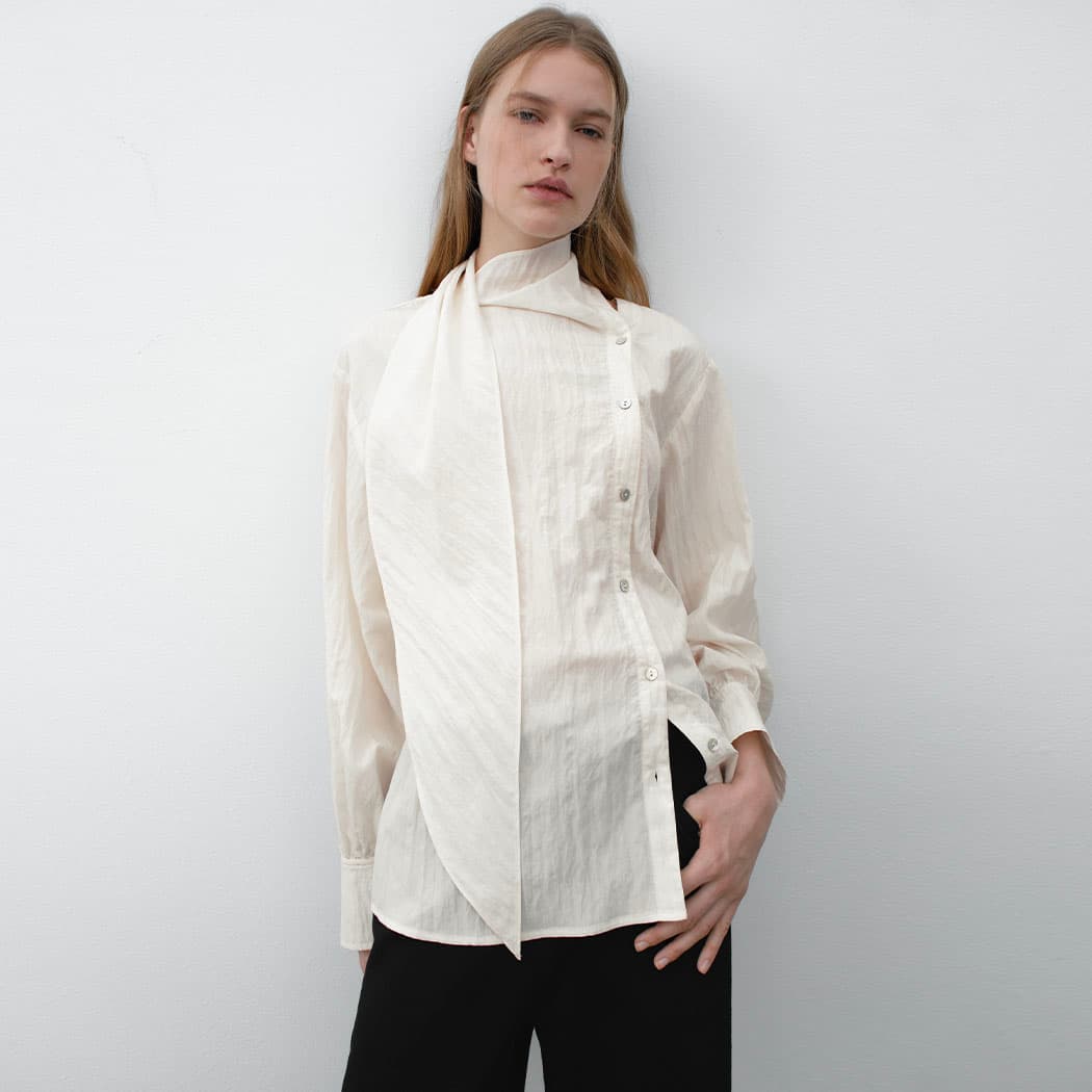(BL-4355)PARCO NATURAL TEXTURE TIE BLOUSE