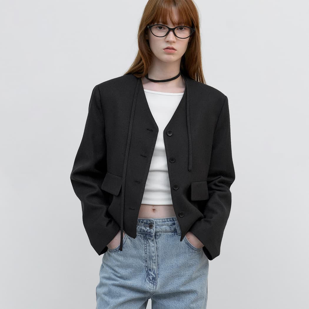 (JK-3044)STRING V-NECK TWEED JACKET