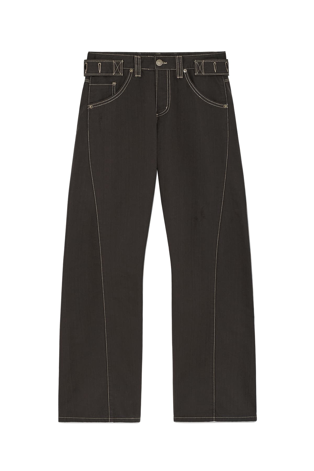 WAIST BUCKLE CURVED TWILL DENIM PANTS IN CHARCOAL