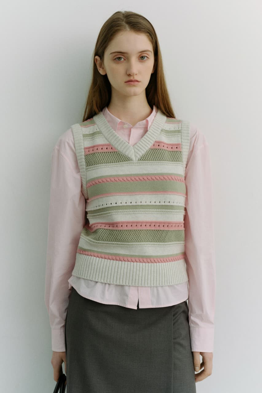 UNISEX CRAFTED STRIPED KNIT VEST IVORY MINT_UDSW6B123IV
