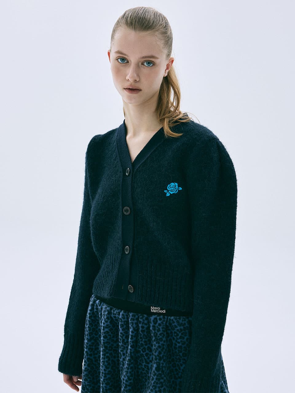CASHMERE BLENDED CARDIGAN PUFF SLEEVE_NAVY BLUE