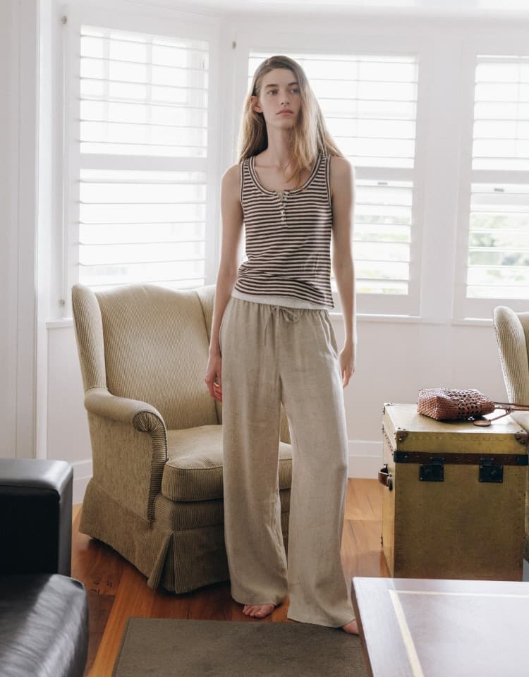 linen pocket banding pants - natural