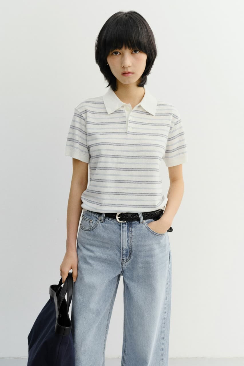 UNISEX STRIPED POLO KNIT WHITE SOFT BLUE_UDSW6B127IV