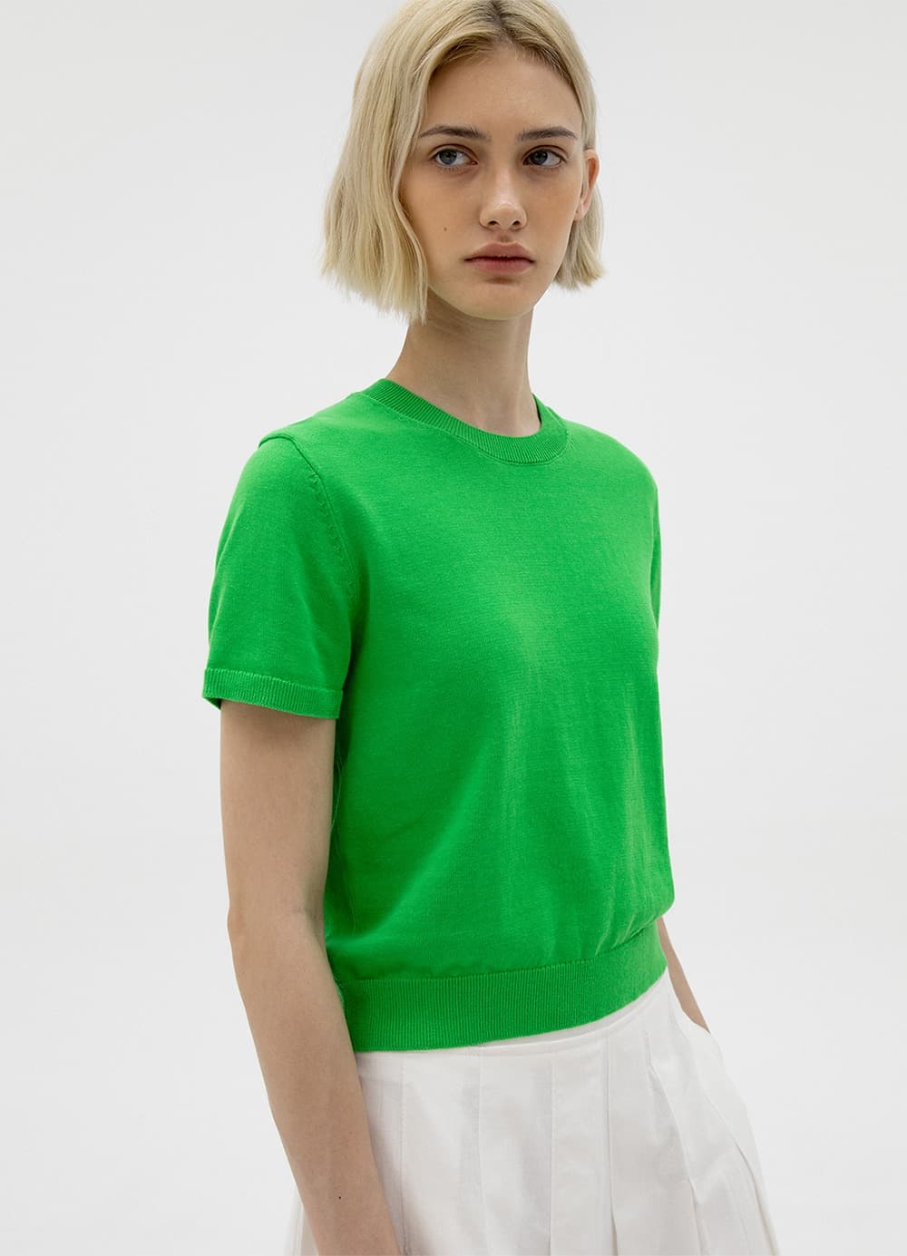Crew-Neck Cotton Knit Top - Green