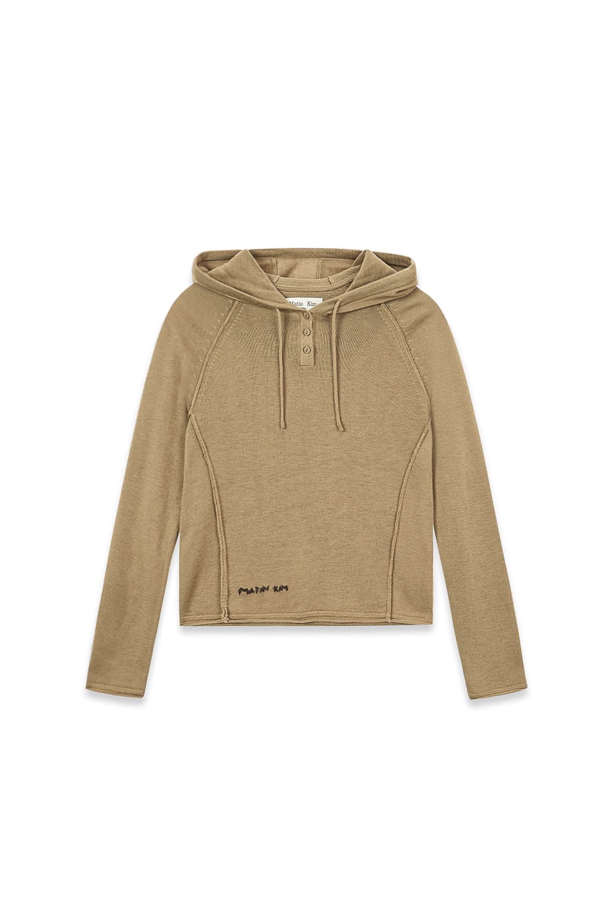 BUTTON HOODY RAGLAN KNIT TOP IN KHAKI