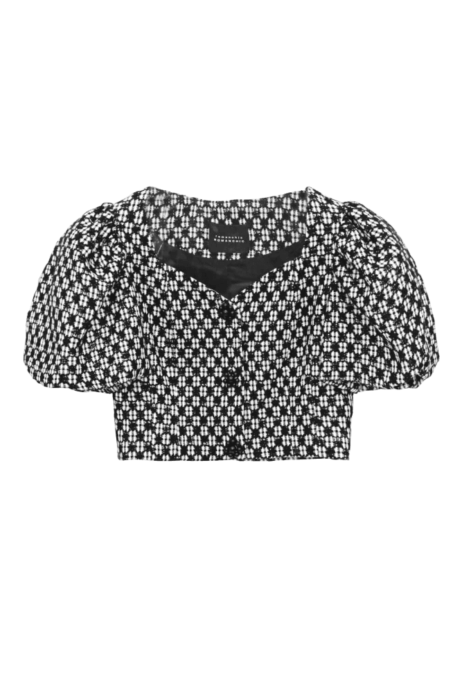 Sweetheart Puff-Sleeve Tweed Cropped Jacket (Black)