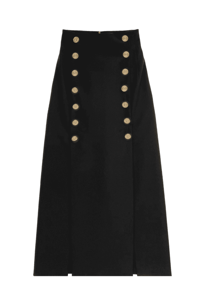 Gold Button Tweed Midi Skirt (Black)