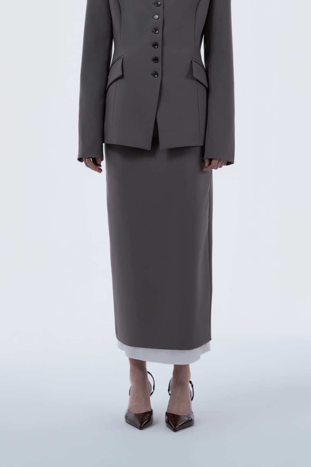 Contrast Layered Slim Line Long Skirt - Ash Brown