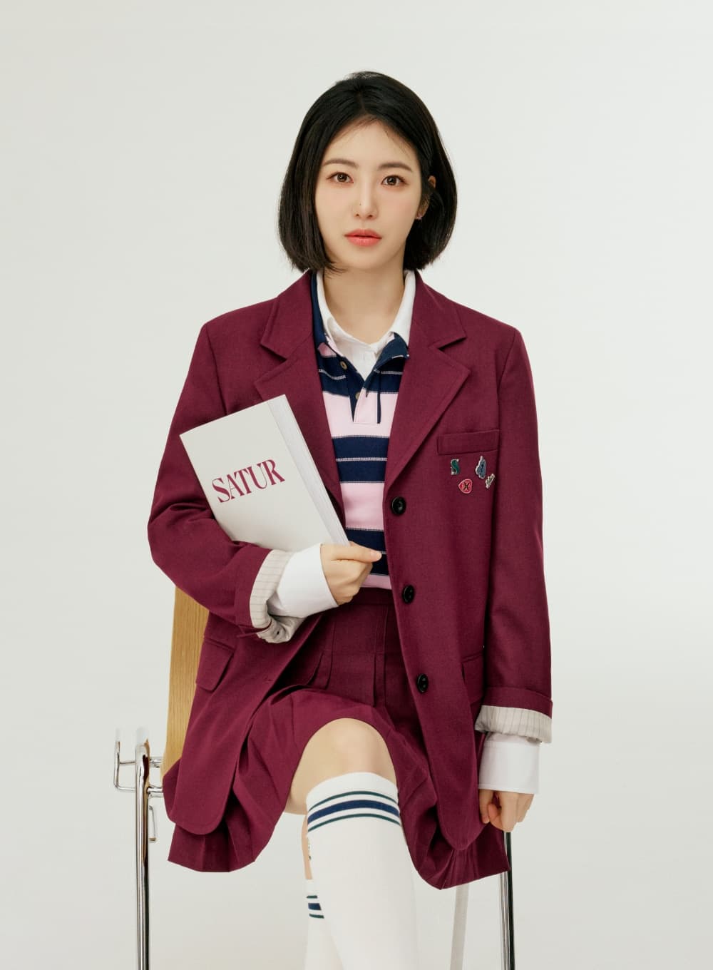 (W) 3-Button Single Blazer - Burgundy
