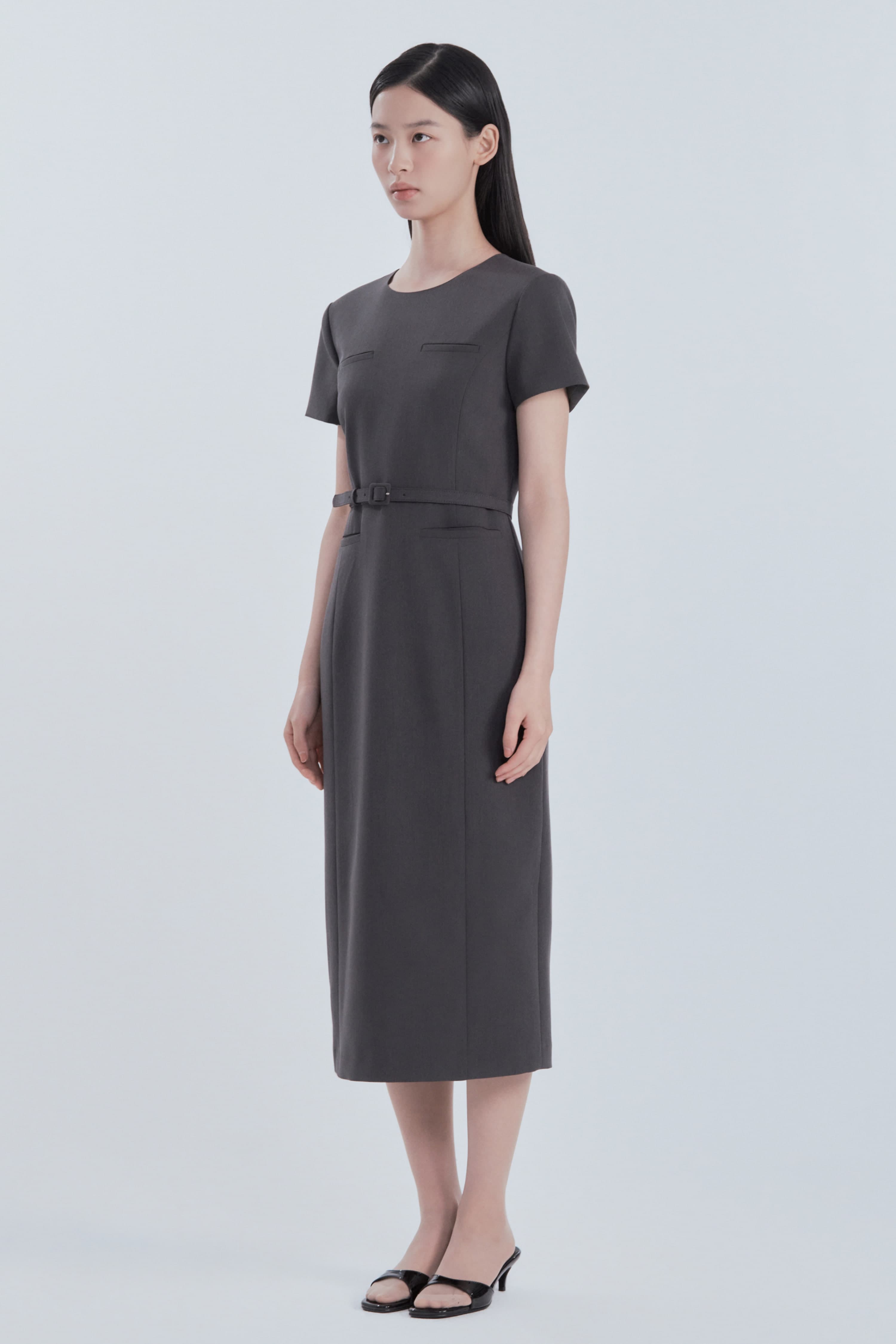 Belted Round Neck Long Suit Dress - Charcoal