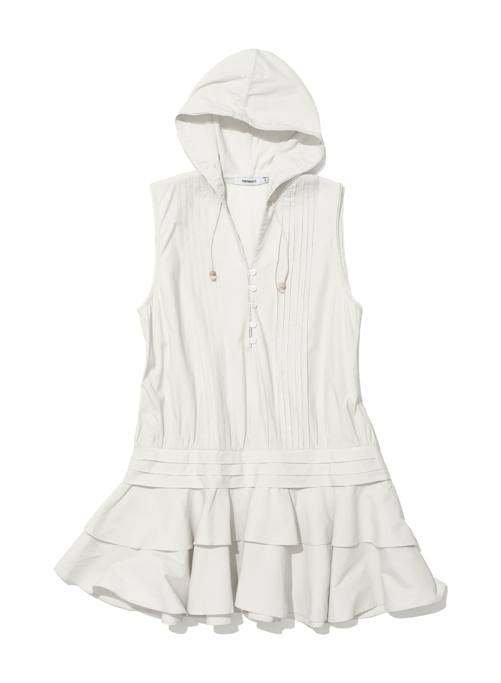 HOODED RUFFLE-HEM TUNIC DRESS_ECRU