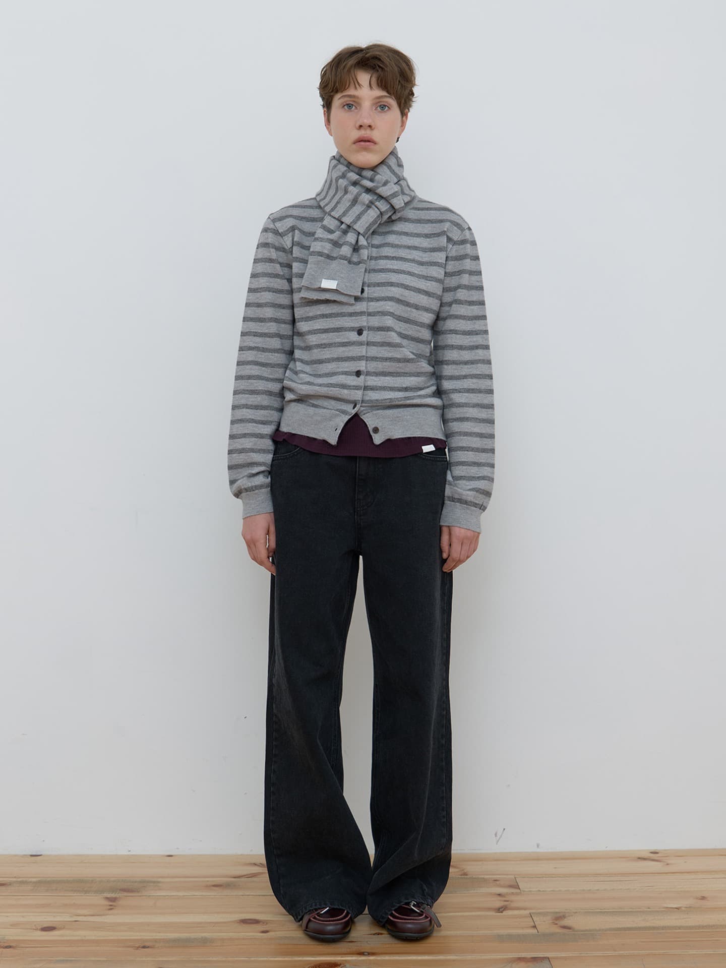 MUFFLER SET STRIPE CARDIGAN_GREY