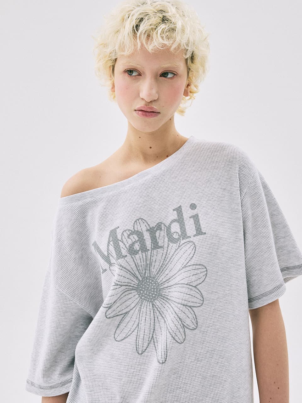 WAFFLE TSHIRT OFF SHOULDER FLOWERMARDI_HEATHER GREY