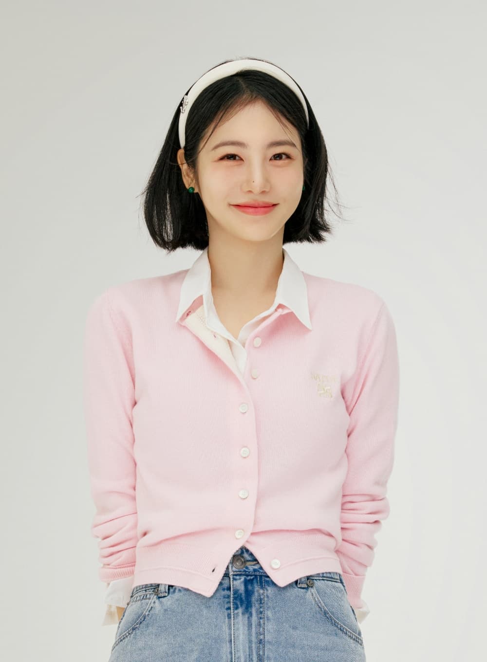 (W) Loren Basic Crewneck Fine Cardigan - Pink
