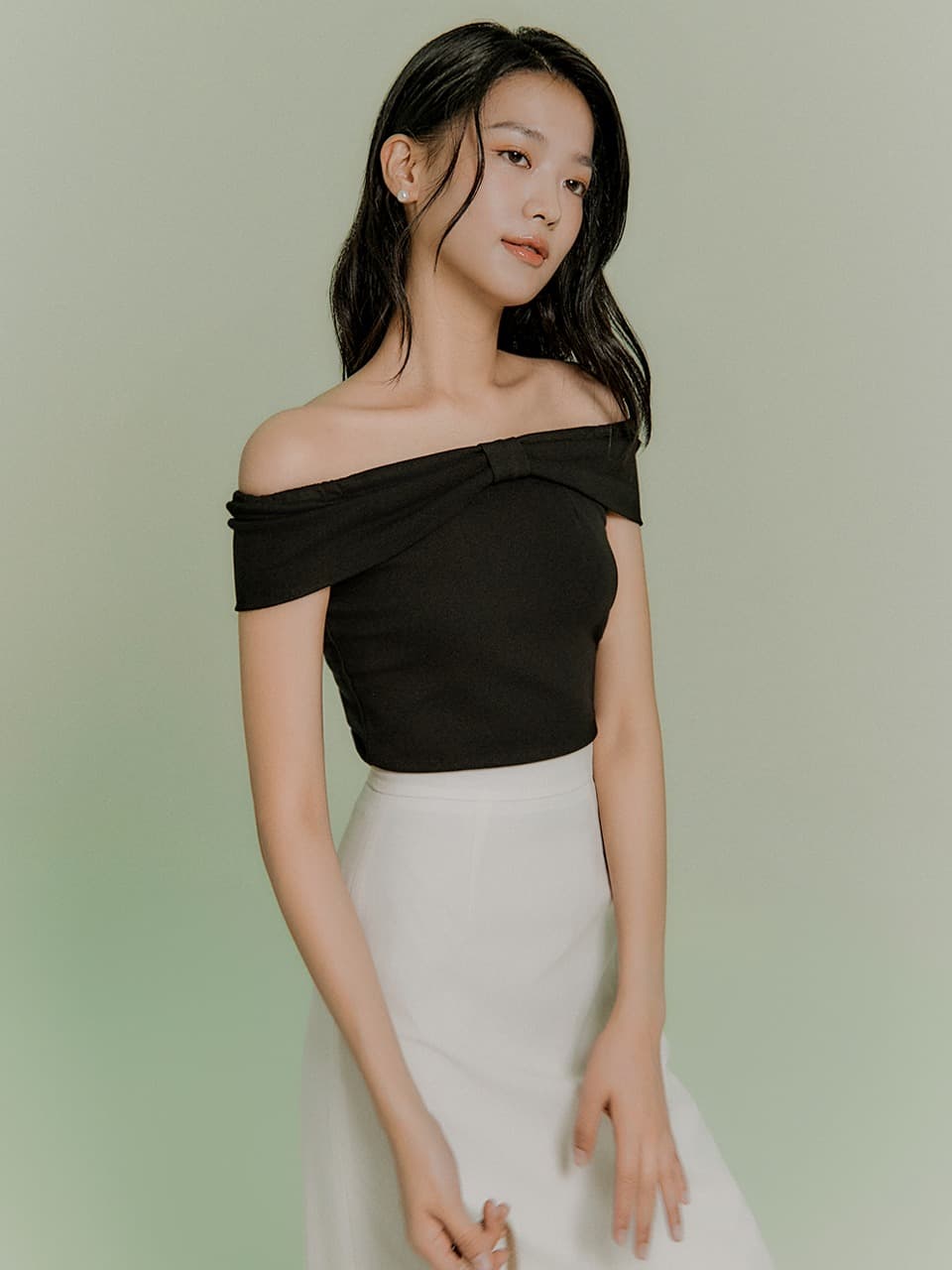 Ribbon off-shoulder jersey top