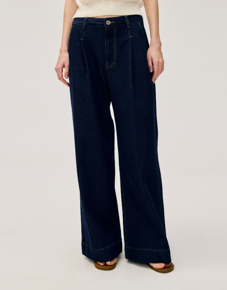 wide tuck denim pants - indigo