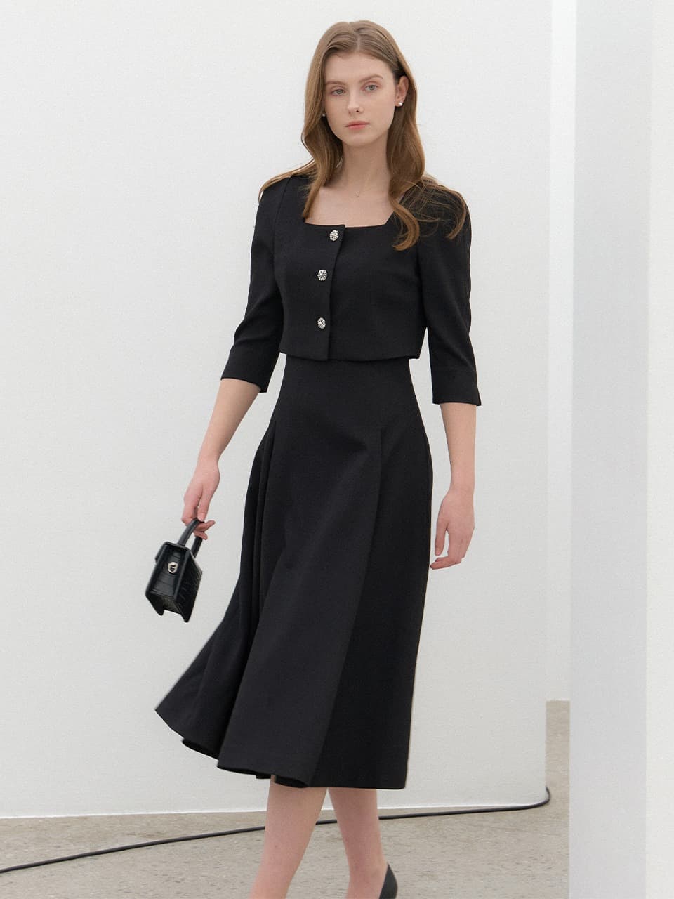 Square-neck 2piece-Style Flare Dress / Black(3color)