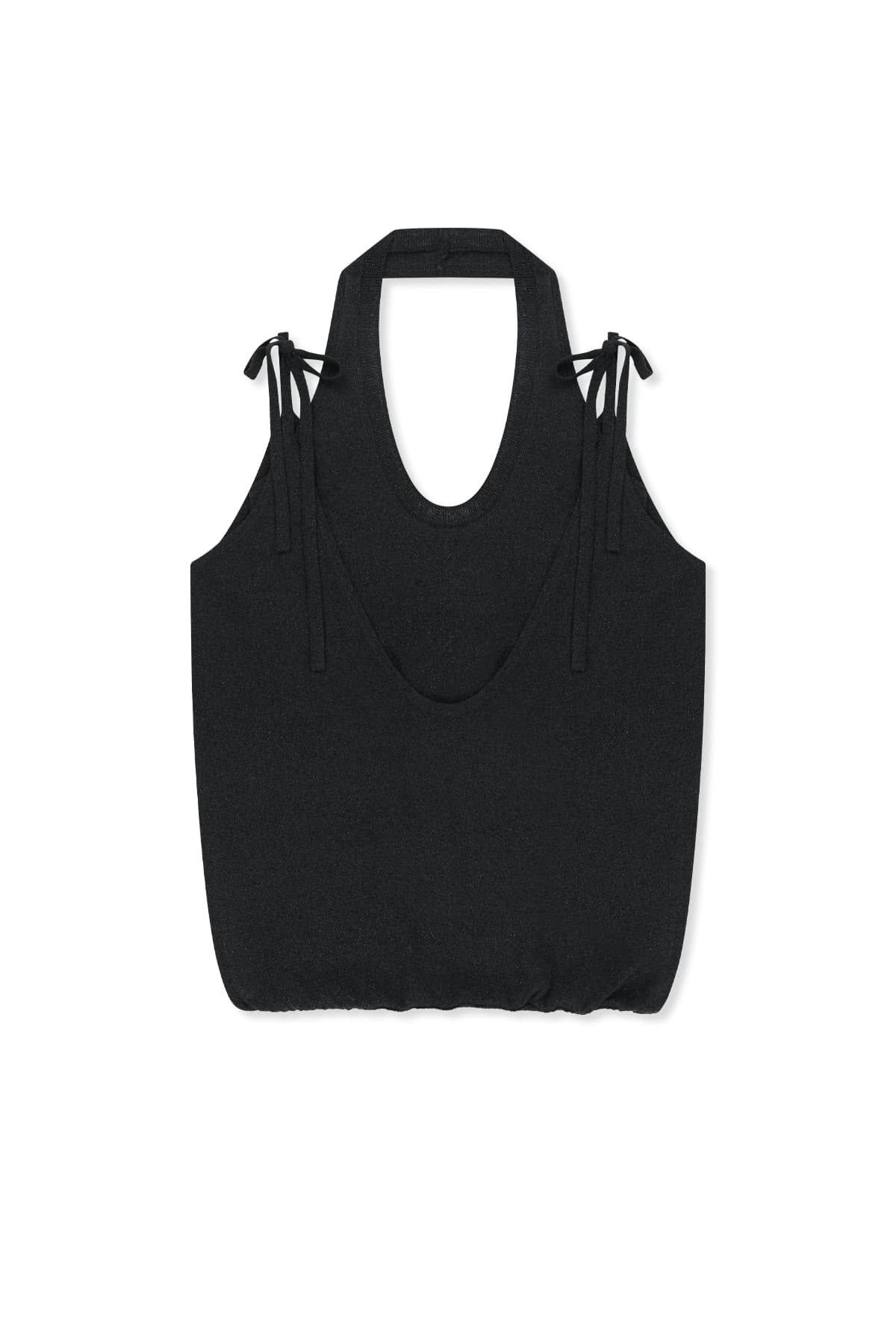 LAYERED TIE HALTER NECK KNIT TOP IN BLACK