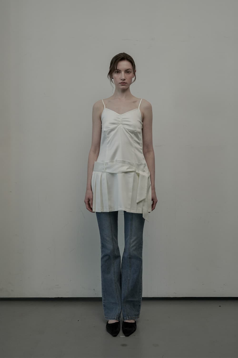 Satin Pleated Sleeveless Dress - Ivory