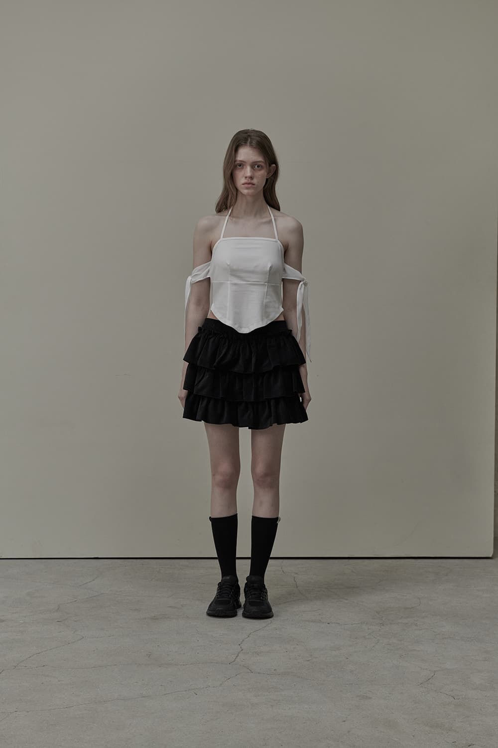 Gabrielle Sheer Ribbon Halter T-Shirt - White
