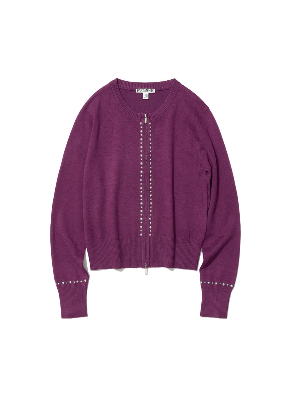 STUDDED ZIP-UP KNIT CARDIGAN_PLUM