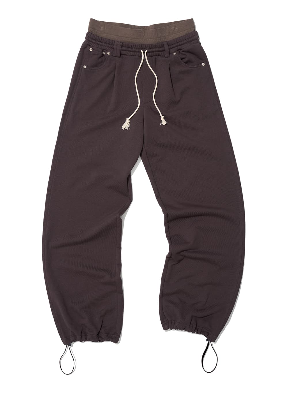 DOUBLE WAIST PLEATED WIDE LEG SWEATPANTS_RED BEAN