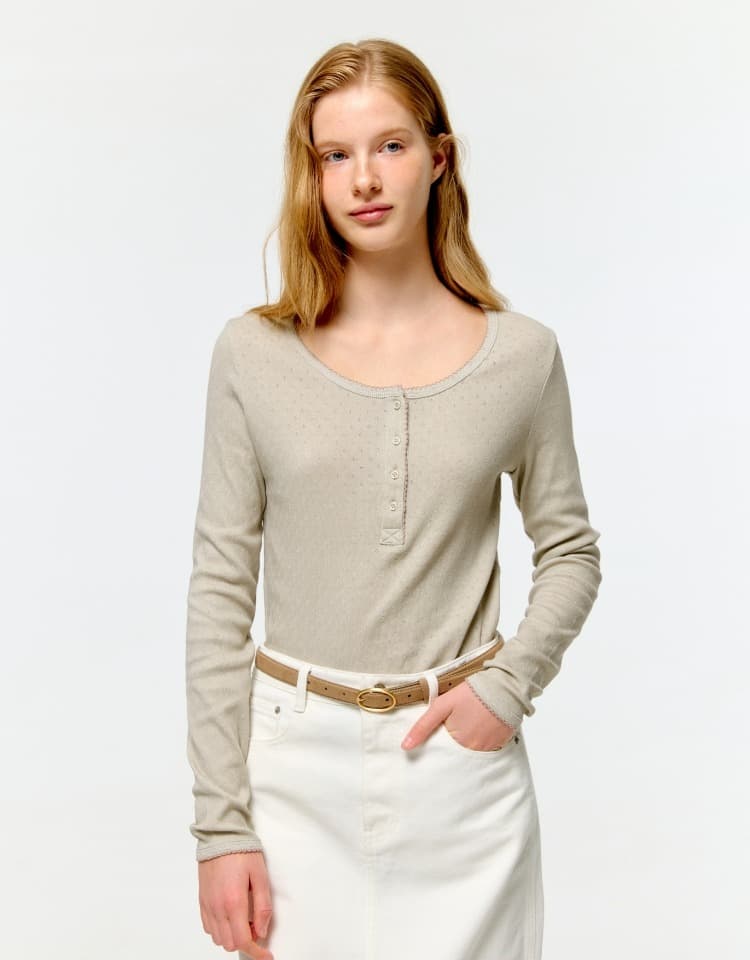 pigment eyelet henley neck t-shirt - light khaki