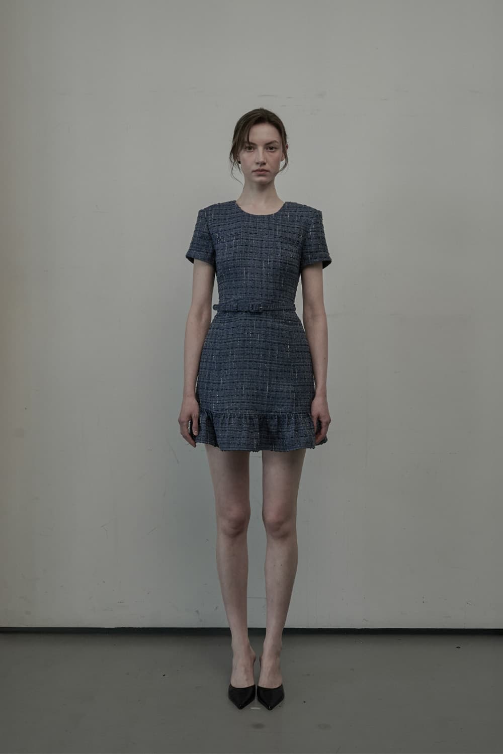 Tweed Belted Flare Dress - Denim