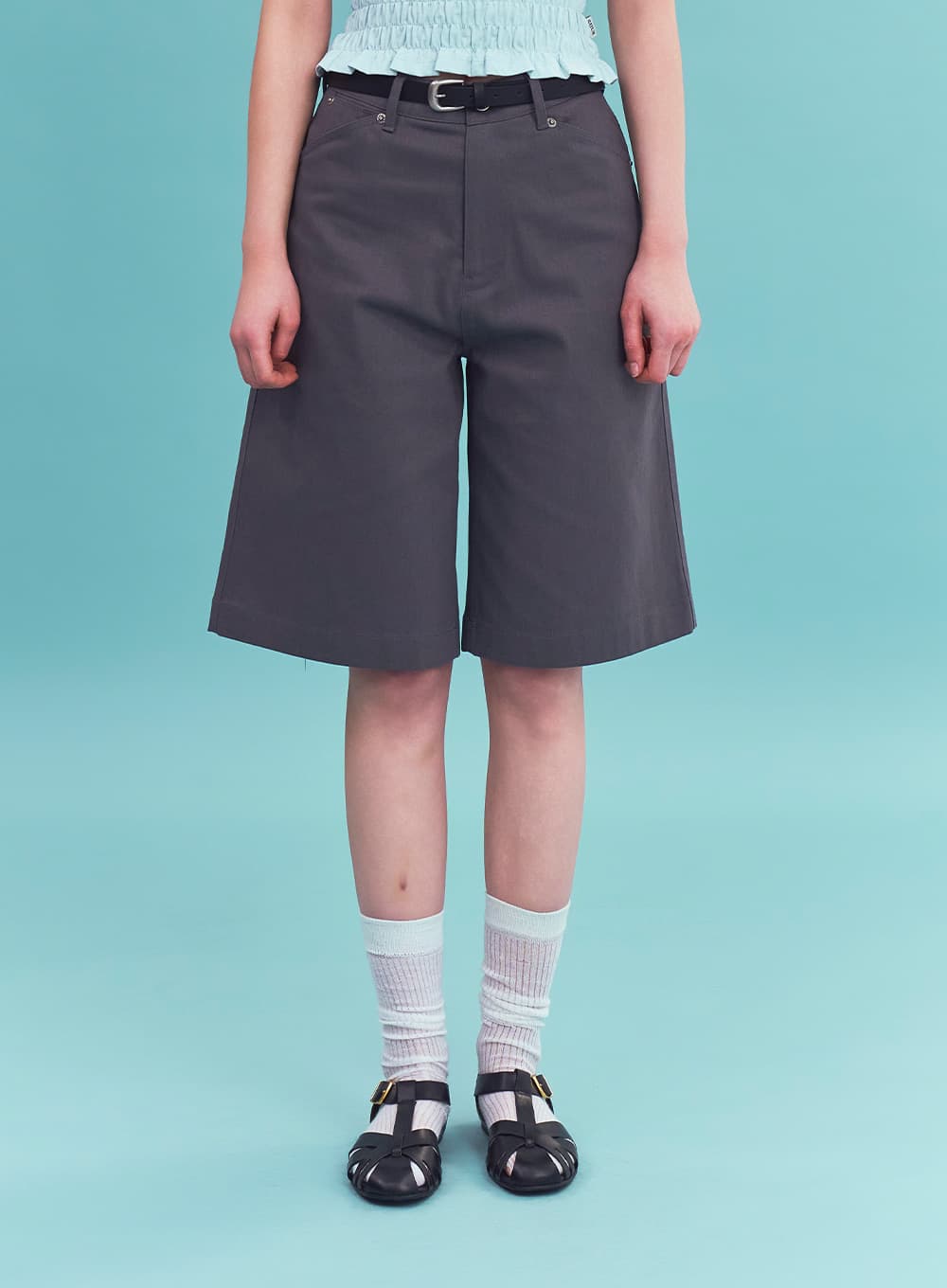 (W) Stitch Cotton Bermuda Pants - Dark Gray