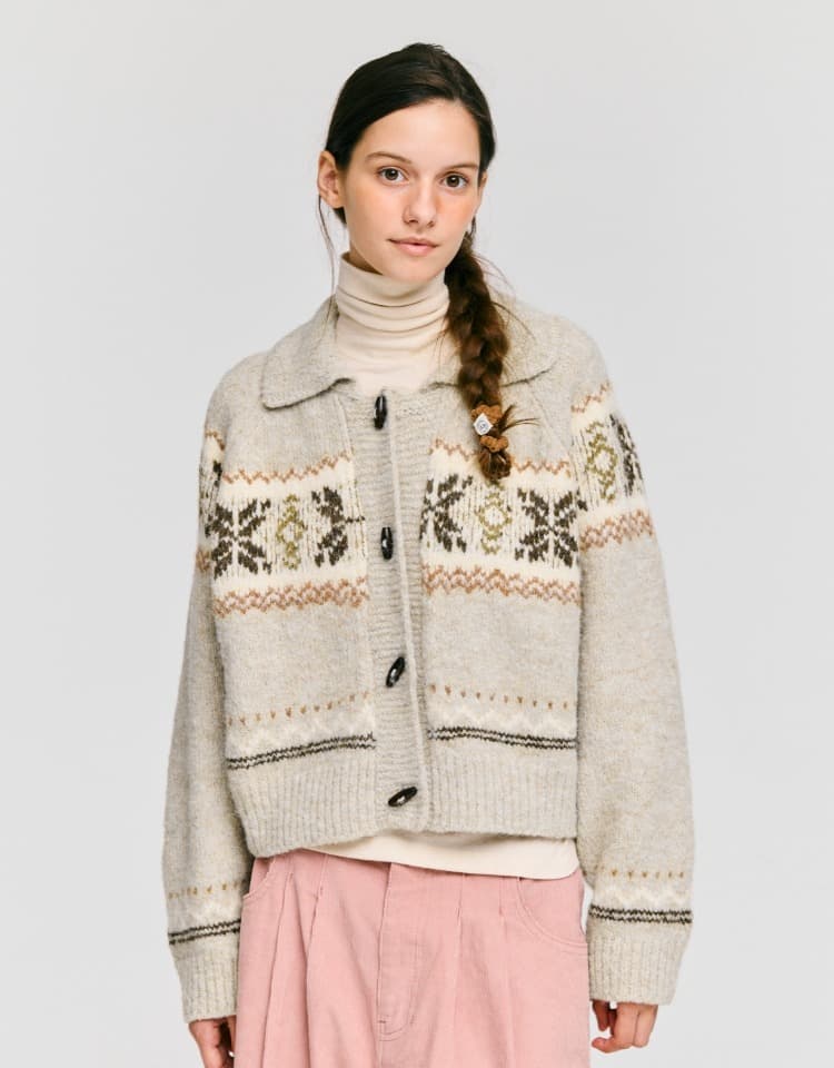 snowflake jacquard knit cardigan - oatmeal