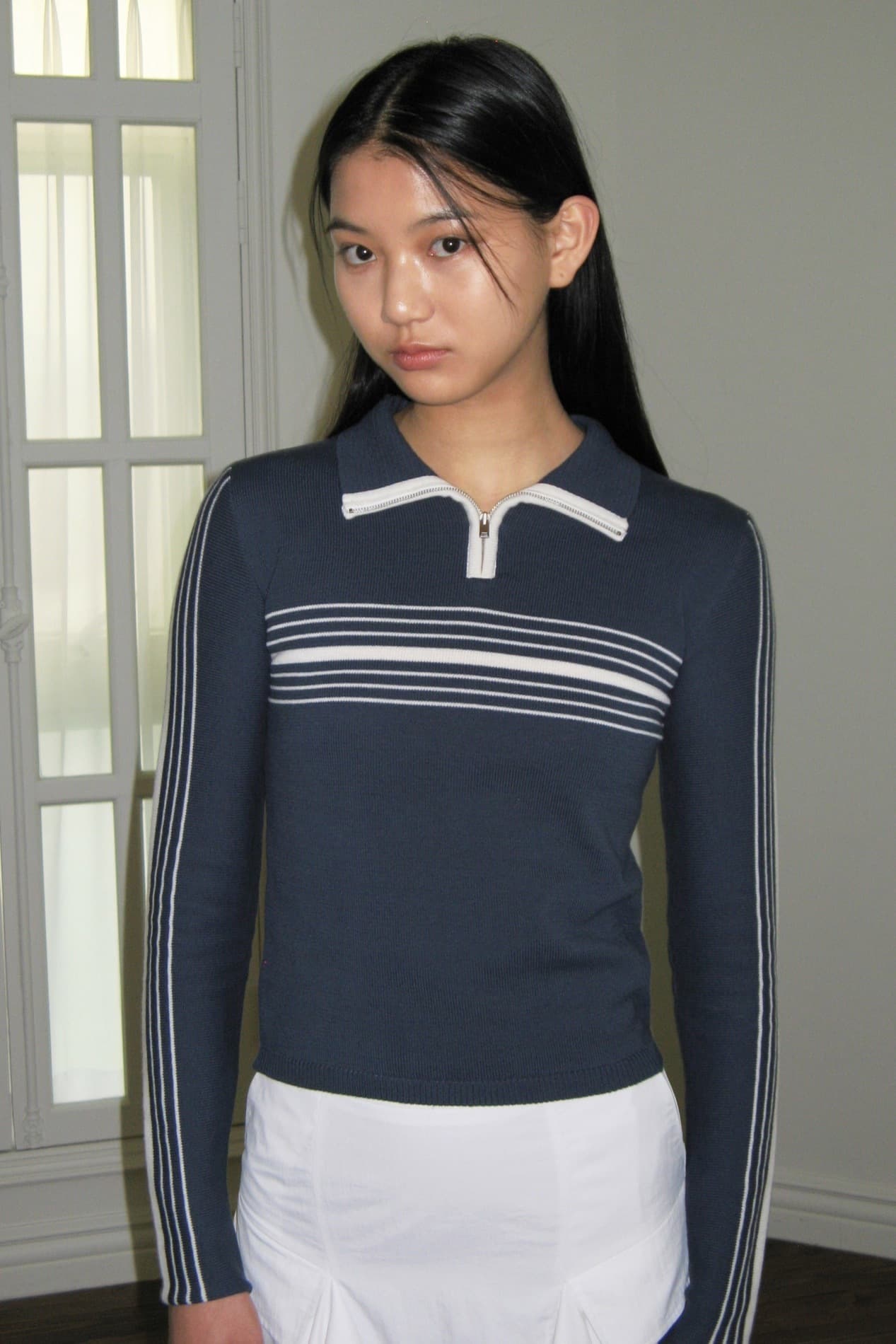 Line Half Zip-Up Knit Top (Navy)