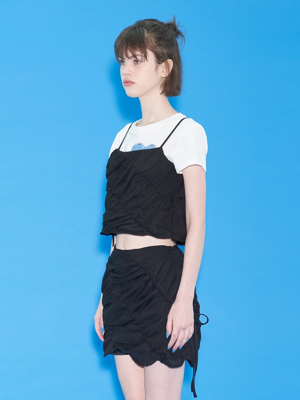 RIBBON SHIRRING SKIRT (BLACK)
